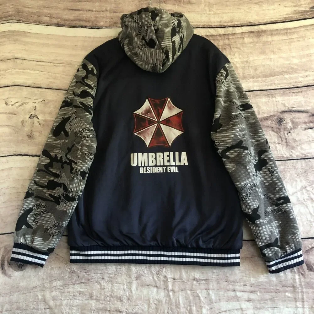 Resident Evil Jacket Mens 4XL Blue Gray Camo Hooded Fleece Umbrella Requiem 9